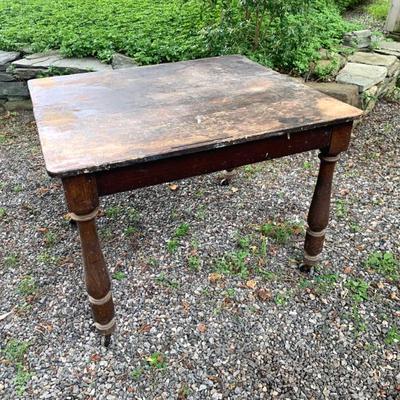 Antique pine table w/ old, worn finish, 42 x 46”