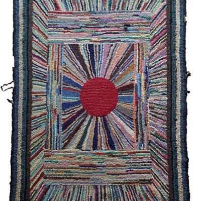 Sale Photo Thumbnail #109: Antique hooked rug w/ great abstract design. Needs border restoration, 55” x 37”