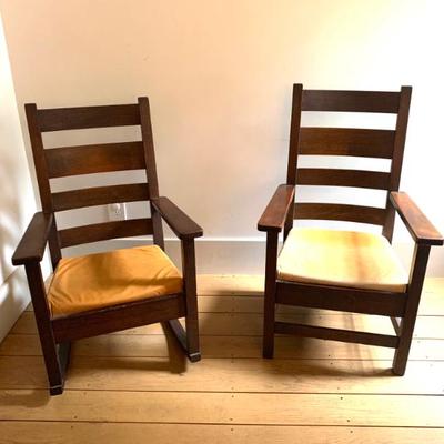 Antique Mission oak rocker and armchair