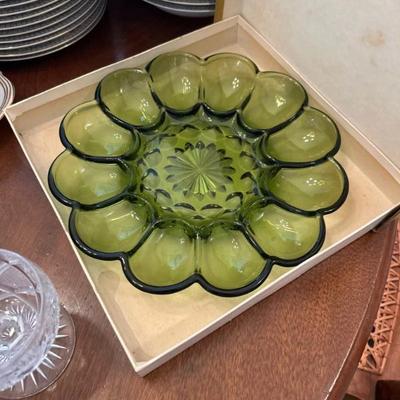 Vintage Green Glass Deviled Egg Plate