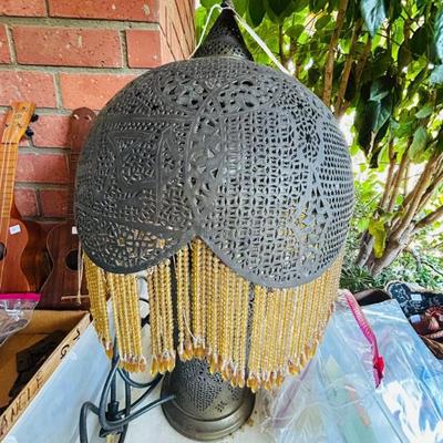 Antique Moroccan Middle Eastern Pierced Metal Lamp and Shade with Glass Beads (needs restrung). 