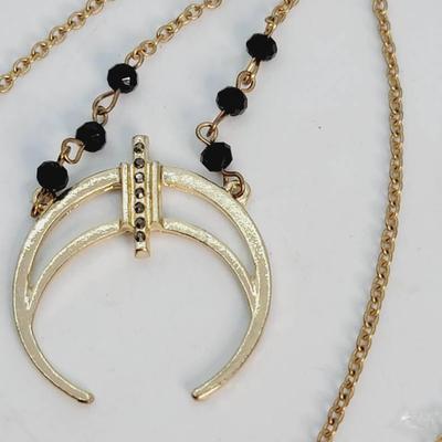 Celestial Crescent Gold Tone And Black Pendant Necklace 