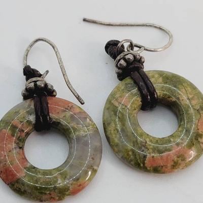 Sterling Leather And Unakite Disc Earrings 
