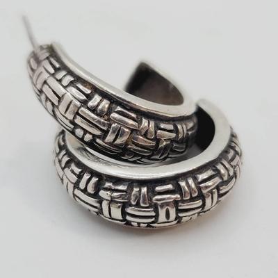 Sterling Basketweave Half Hoop Earrings 925 Silver 