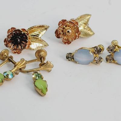 Screw Back Earrings Rhinestone and Glass Vintage 3 Pair 
