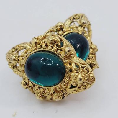 Emerald Glass Gripoix Style Gold Tone Earrings 