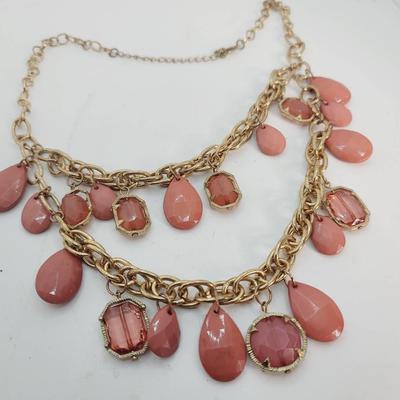 Pink Faceted Bead Bib Necklace  Gold Tone W Strand