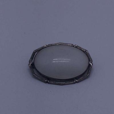 Sterling Silver Oval White Stone Glass Brooch