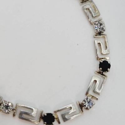 Silver Plate Black And Clear Rhinestone Greek Key Link Bracelet 