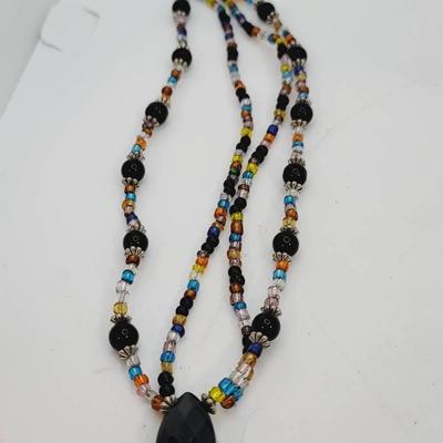 Rainbow And Facet Black Glass Bead Necklace 2 Strand