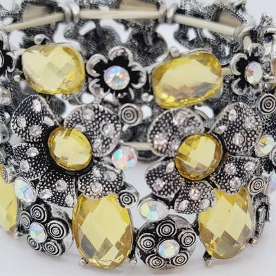 Wide Stretch Aurora Borealis And Citrine Yellow Rhinestone Bracelet 