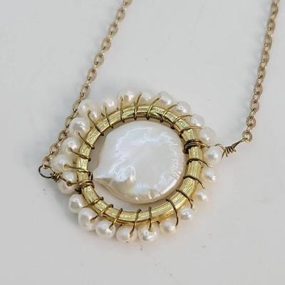 Real Pearl Wire Wrapped Pendant Necklace Celestial Sun Moon 