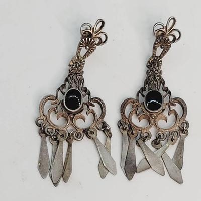 Sterling Onyx Scroll And Drop Earrings 925 Silver
