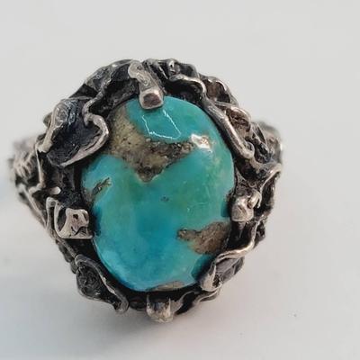 Turquoise Cabochon Organic Vine Setting Sterling Signed SG