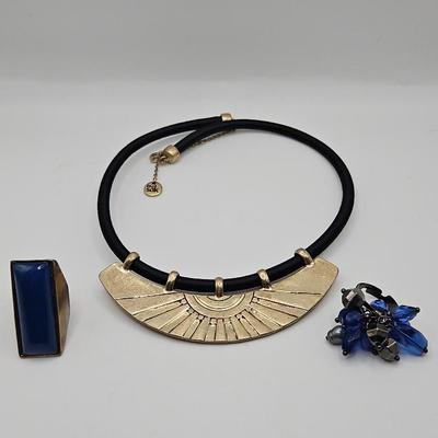 Blue and Bronze Tone Costume Necklace Signed The Sak 