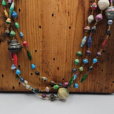 Artisan Made Brightly Colored Paper Bead Necklace Vintage