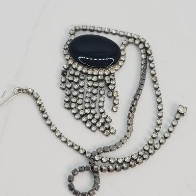 Black Glass And Rhinestone Necklace Vintage Glam