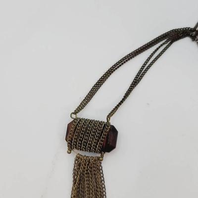 Chain Wrapped Focal Bead Tassel Necklace Industrial Style