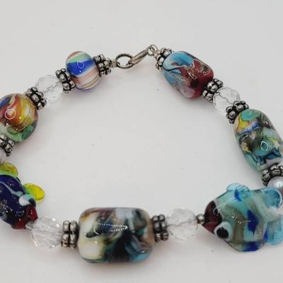Art Glass And Pearl Ocean Aquatic Fish Theme Bracelet 