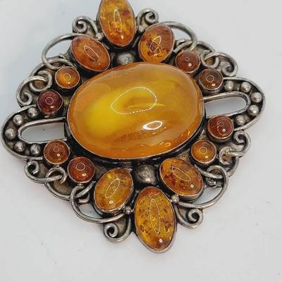Large Sterling Signed Amber Art Nouveau Pin Pendant 