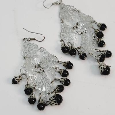 Black Glass and Silver Tone Filigree Earrings Vintage 