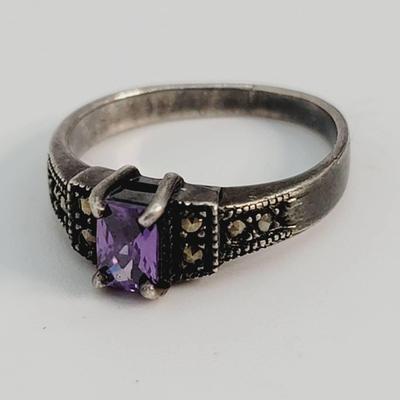 Amethyst Marcasite Sterling Ring Sz 7 925