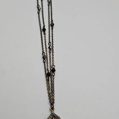  SAO Marcasite & Rhinestone Black Metal Pendant Necklace Chain Vintage