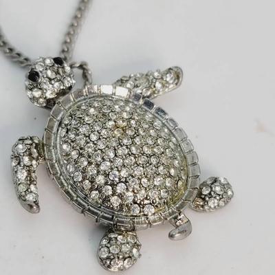 Adorable Rhinestone Turtle Pendant Necklace