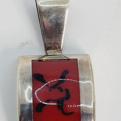 Beautiful Modernist Red Black Sterling Silver Slide Pendant 