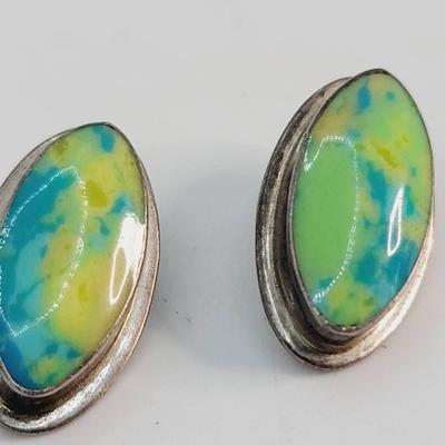 Blue Green & Yellow Jasper Mexico Sterling Earrings Clip