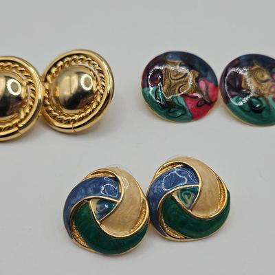 Retro 80s Large Round Earrings Gold Tone Multicolor and Enamel 