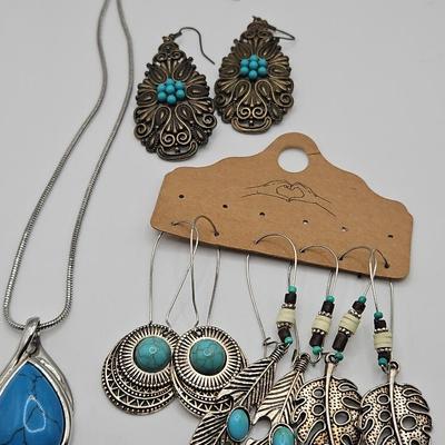 Silver Tone And Blue Boho Statement Lot Lia Sophia Necklace  NIP Dangle Earrings