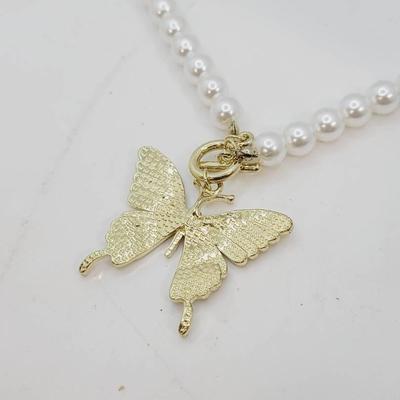 Aurora Borealis Rhinestone Butterfly Focal Clasp Faux Pearl Necklace