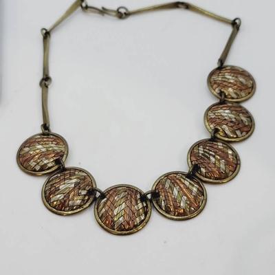Basketweave Tri Color Copper Brass Silver Disc Necklace 