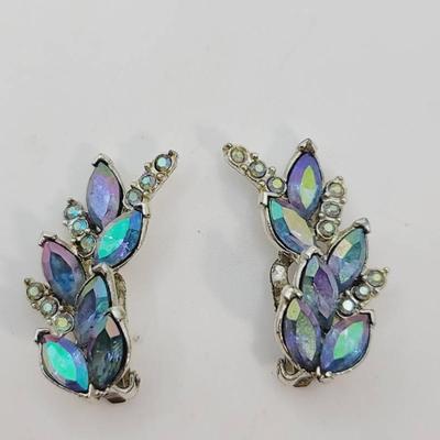 Blue Aurora Borealis Clip Earrings Unmarked 