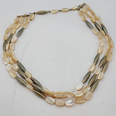 3 Strand Mid Century Mother of Pearl and Tooled Metal Bead Necklace 