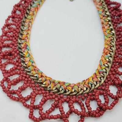 Beaded Fringe And Wrapped Chain Bib Necklace 