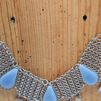 Bib Silver Tone Necklace With Pale Blue Stones Boho