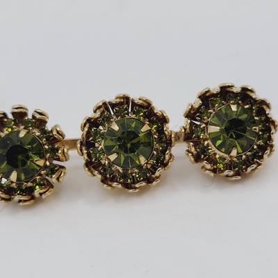 Stunning Alice Caviness Olivine Rhinestone Brooch Pin Gold Tone