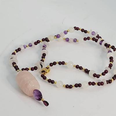 Rose Quartz, Garnet, Jade, and Amethyst Necklace Vintage