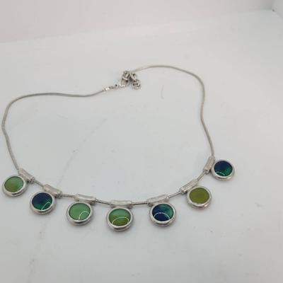 Anne Klein Blue Green Enamel Silver Tone Necklace 