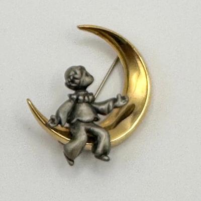 Signed FAF Child Seated On Crescent Moon Gold Tone Brooch Pin