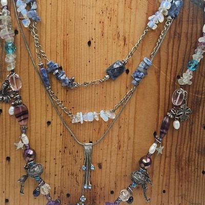Silver Tone Blue And Purple Ocean Art Glass Necklace Lot 