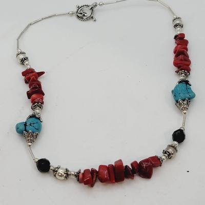 Turquoise Coral And Silver Beaded Necklace Southwest Style