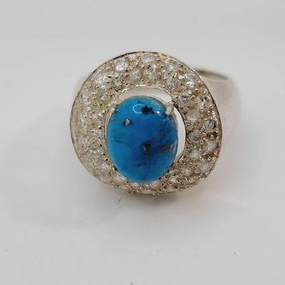 Sterling Silver Turquoise and CZ Thai Silver Ring 925 Sz 10.5