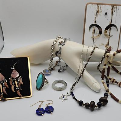 Boho Celestial Costume Jewelry Lot Blue Silver Tone And Wooden