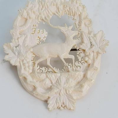 Bavarian Carved Bone Stag Deer Pin Vintage 