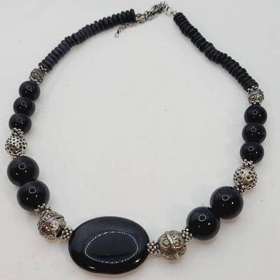 Black And Sliver Tone Large Focal Bead Boho Vacation Necklace 