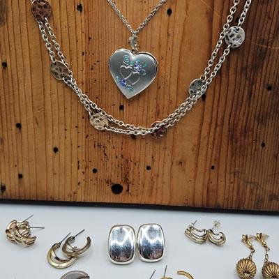 Blue And Silver Tone Locket and Gold And Silver Tone Fashion Earrings