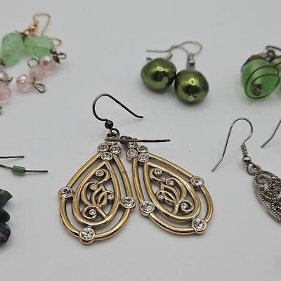 Boho Dangle Earrings Pink And Green Art Glass Stone And Silver Tone